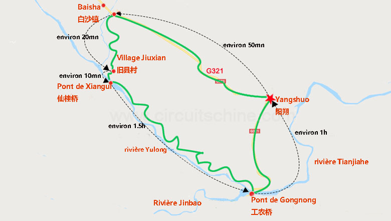  carte de balade à vélo de yangshuo, Baisha et la rivière Yulong